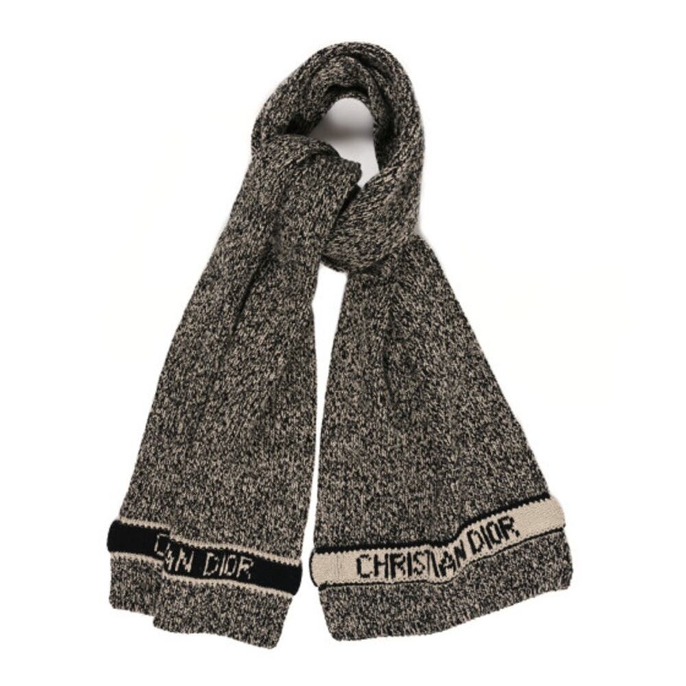 Christian Dior Beige & Black Marled Thick Knit Wool Cashmere Blend Scarf